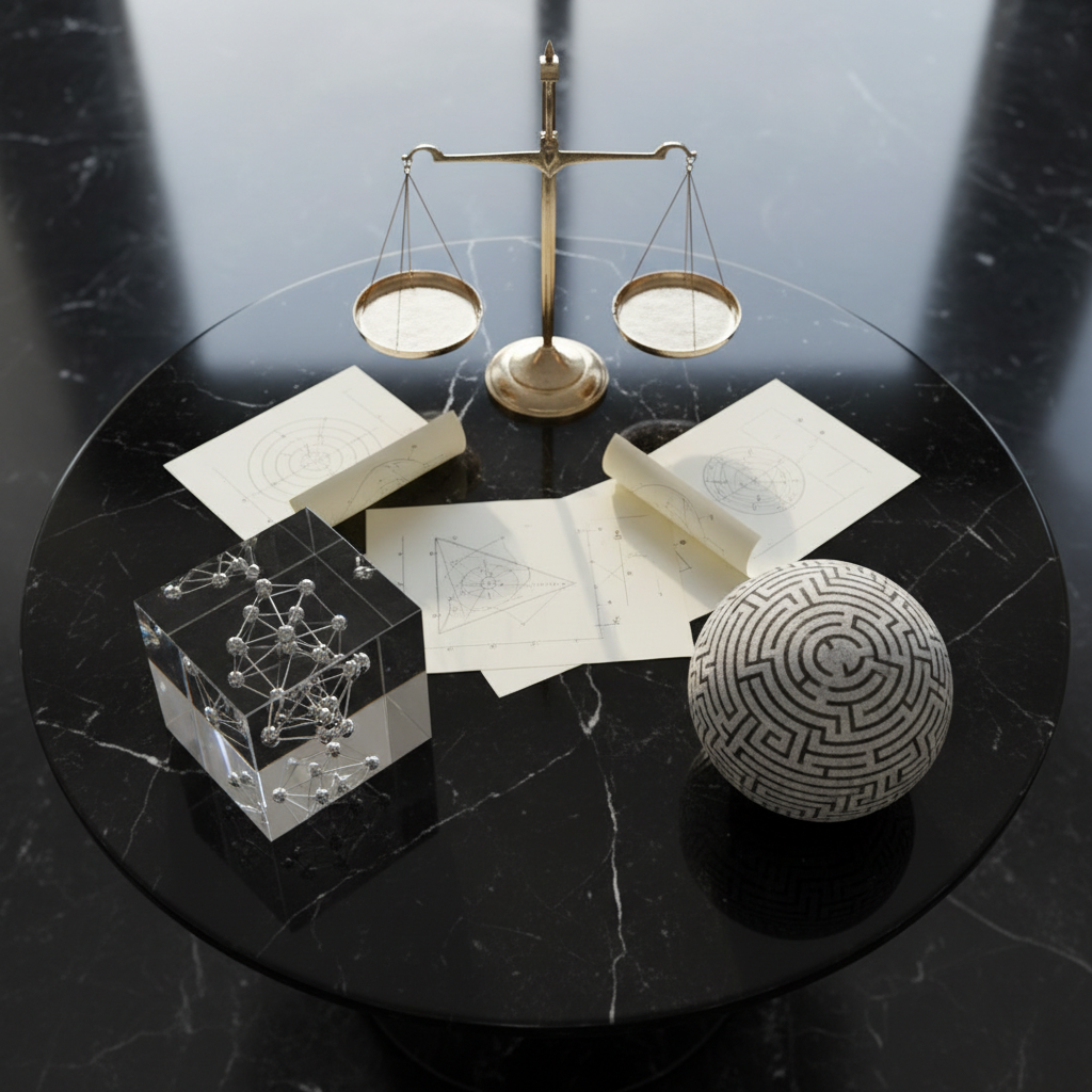 An overhead photographic view of a circular black marble table where three distinct objects form a subtle triangle: a metal scale of justice, a clear acrylic cube enclosing a delicate scientific model, and a smooth stone sphere etched with faint labyrinth-like patterns suggesting philosophical inquiry. Thin sheets of translucent paper with geometric diagrams are scattered between them, edges slightly curled. Soft, diffused daylight falls from above, creating gentle reflections on the marble and faint halos around each object. The composition is minimalist and balanced, with sharp focus throughout to emphasize textures and symbolism. The mood is quiet, cerebral, and sophisticated, ideal for illustrating deep reflections on how legal systems intersect with philosophy, science, and social structures.