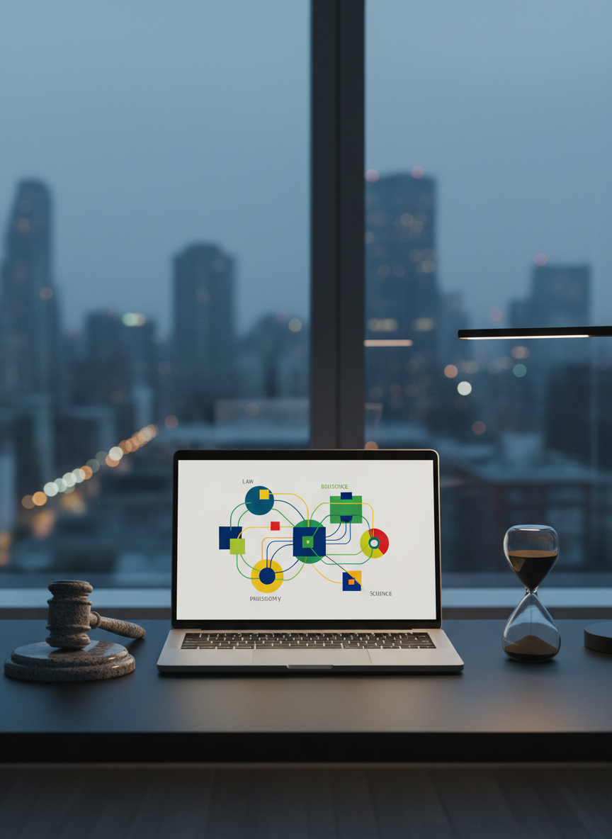 A meticulously arranged modern workspace featuring a slim silver laptop displaying a complex, abstract diagram of interconnected nodes symbolizing law, philosophy, science, and social issues, seen only as colorful shapes and lines without readable text. The laptop sits on a matte black desk with a single stone gavel and a minimalist glass hourglass filled with dark sand. Behind, a large window reveals a softly blurred cityscape at dusk. Cool, diffused blue-grey light from outside contrasts with a warm desk lamp, creating a balanced, thoughtful atmosphere. Captured in photographic realism from a slightly elevated angle, with the laptop centered using the rule of thirds, the scene feels intellectual, analytical, and elegantly restrained.